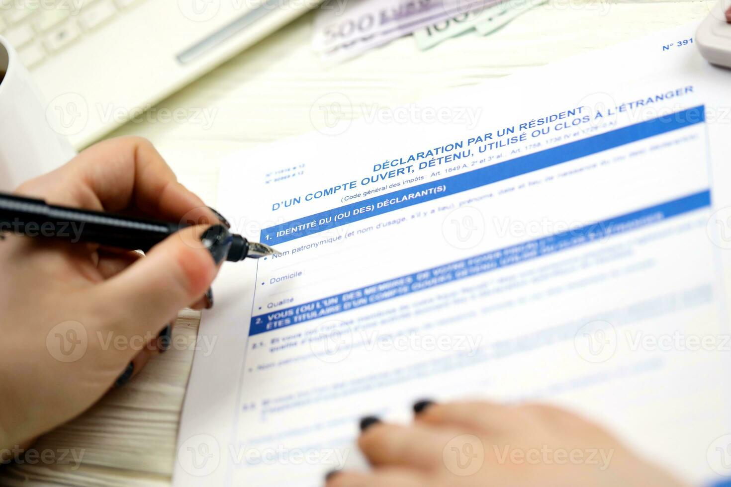 Accountant fill french tax form 3916 Declaration by resident of account opened, held used or closed abroad in end of tax period. Taxation and paperwork routine photo