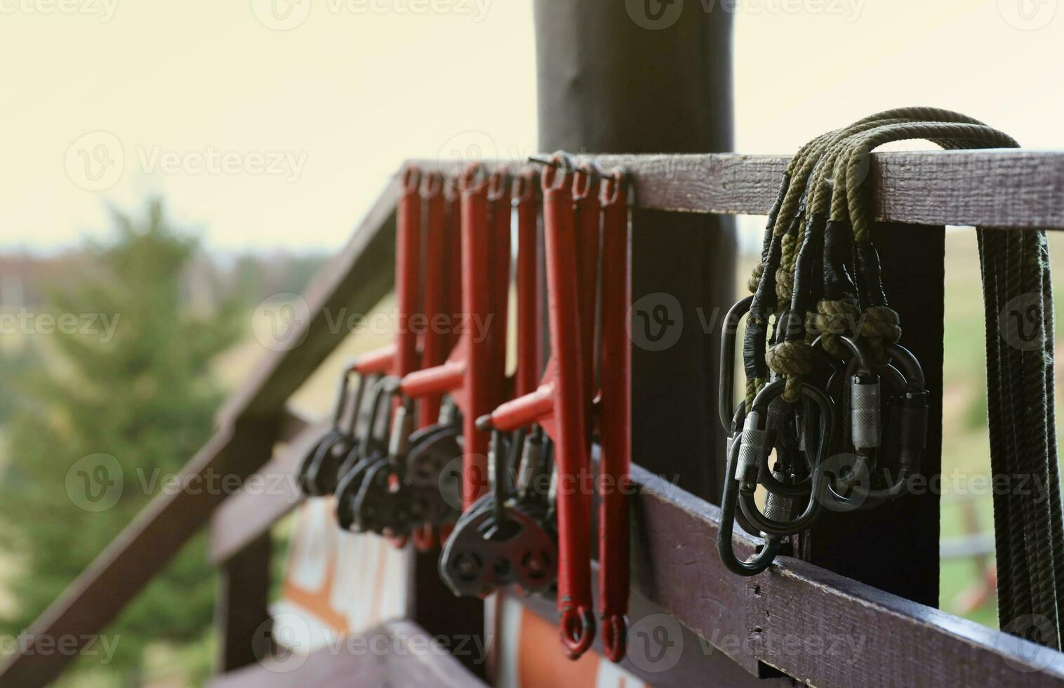 large metal locking carabiners with rope, climbing gear hanging on the store room. Height safety harness and arborist equipment photo