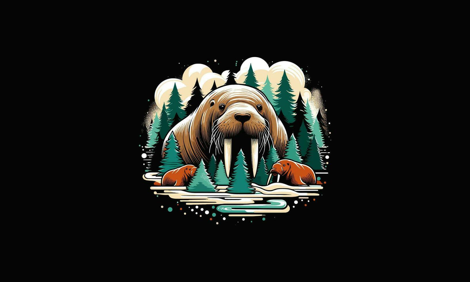 head walrus on forest vector artwork design