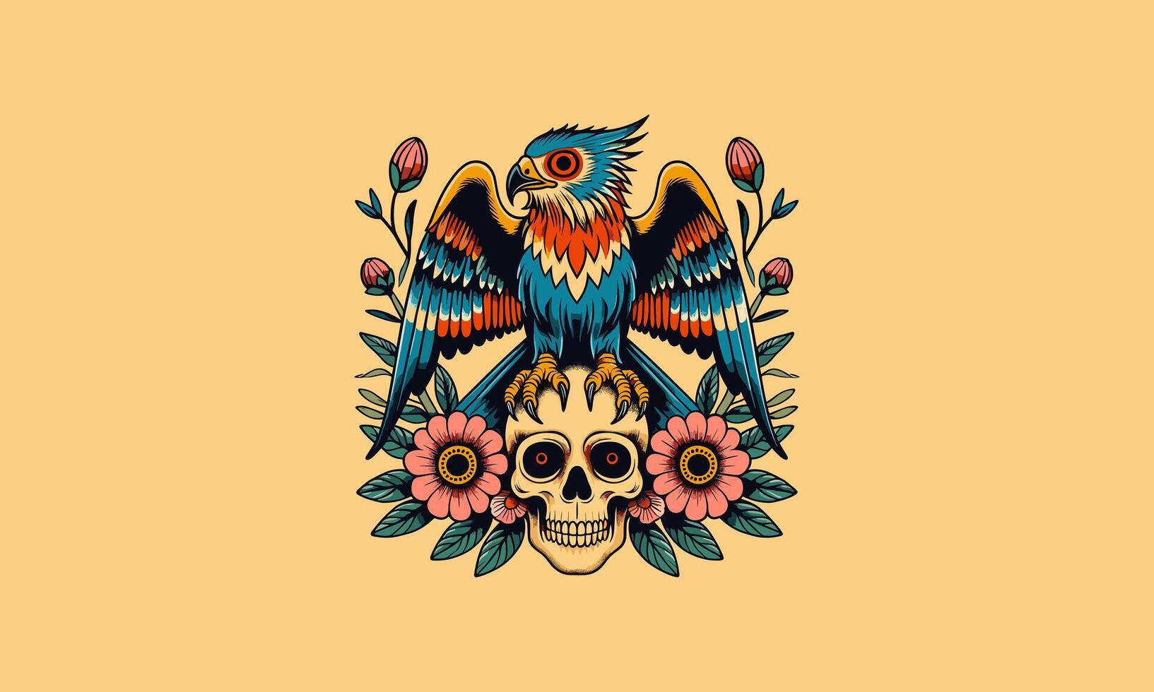 pájaro con cabeza cráneo y flores vector mascota diseño