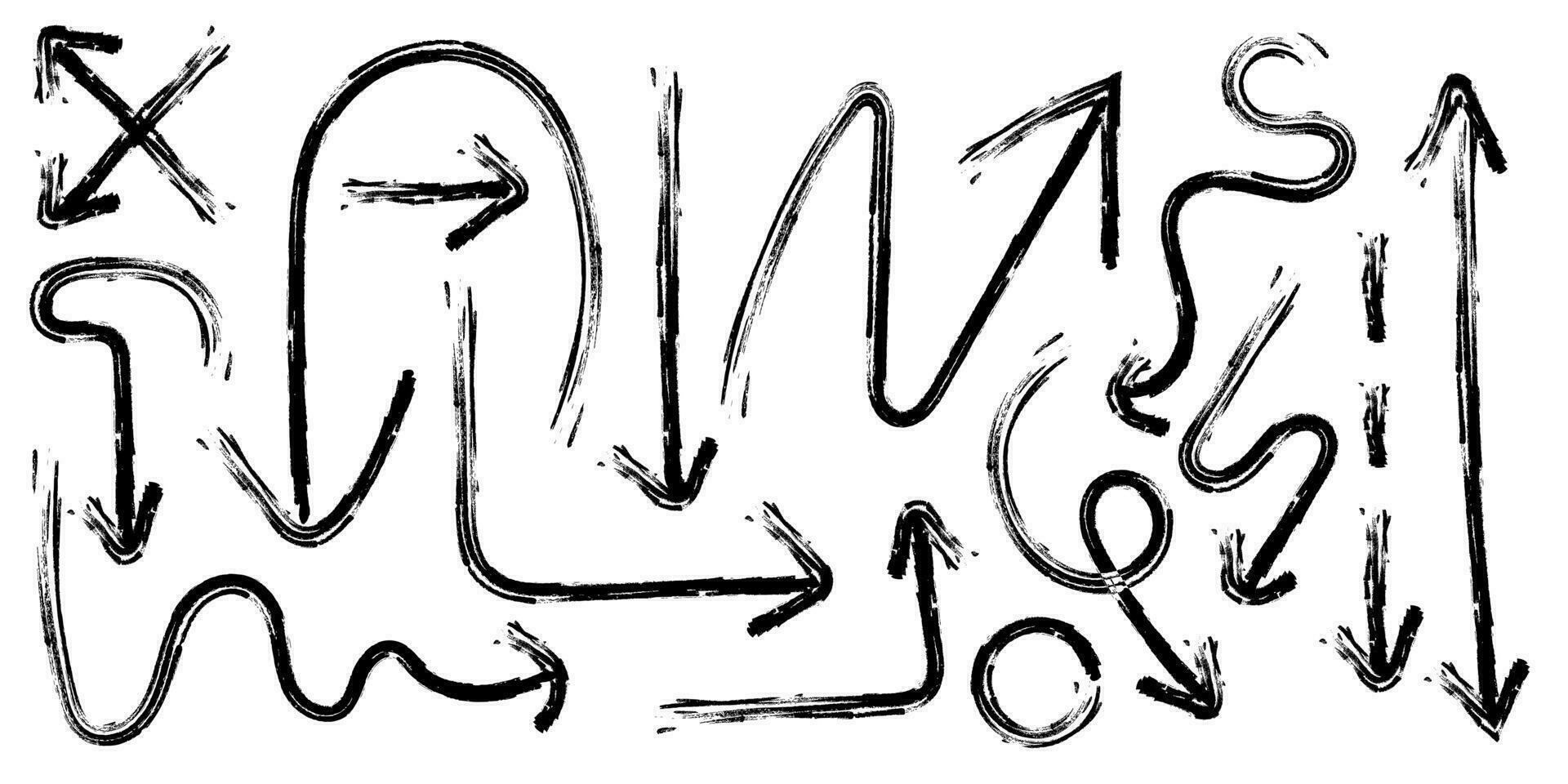 Set of hand drawn arrows. Brush, paint arrow icons. Doodle, cursor, cartoon, chalk lines. Isolated vector illustration