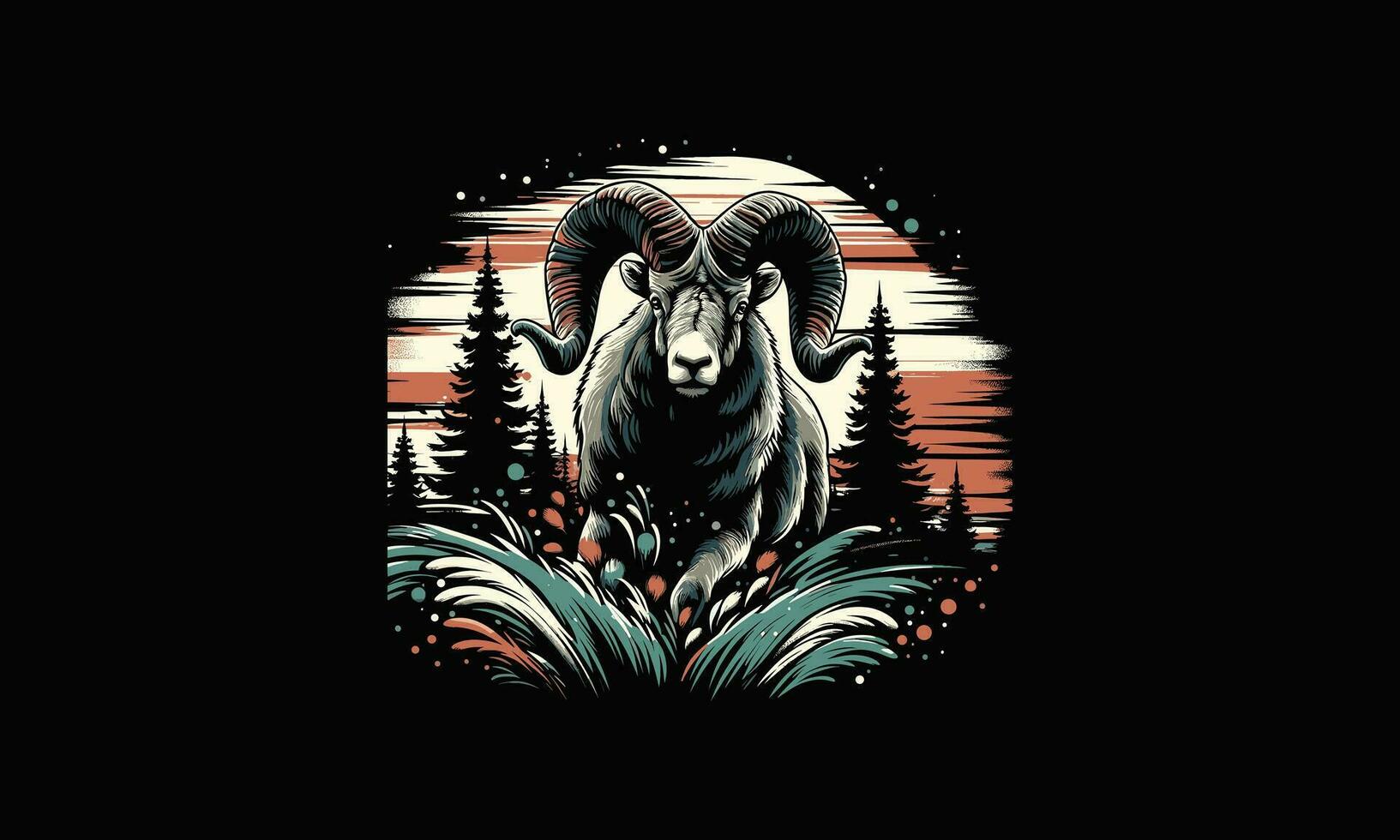 head goat long horn on forest vector artwork design