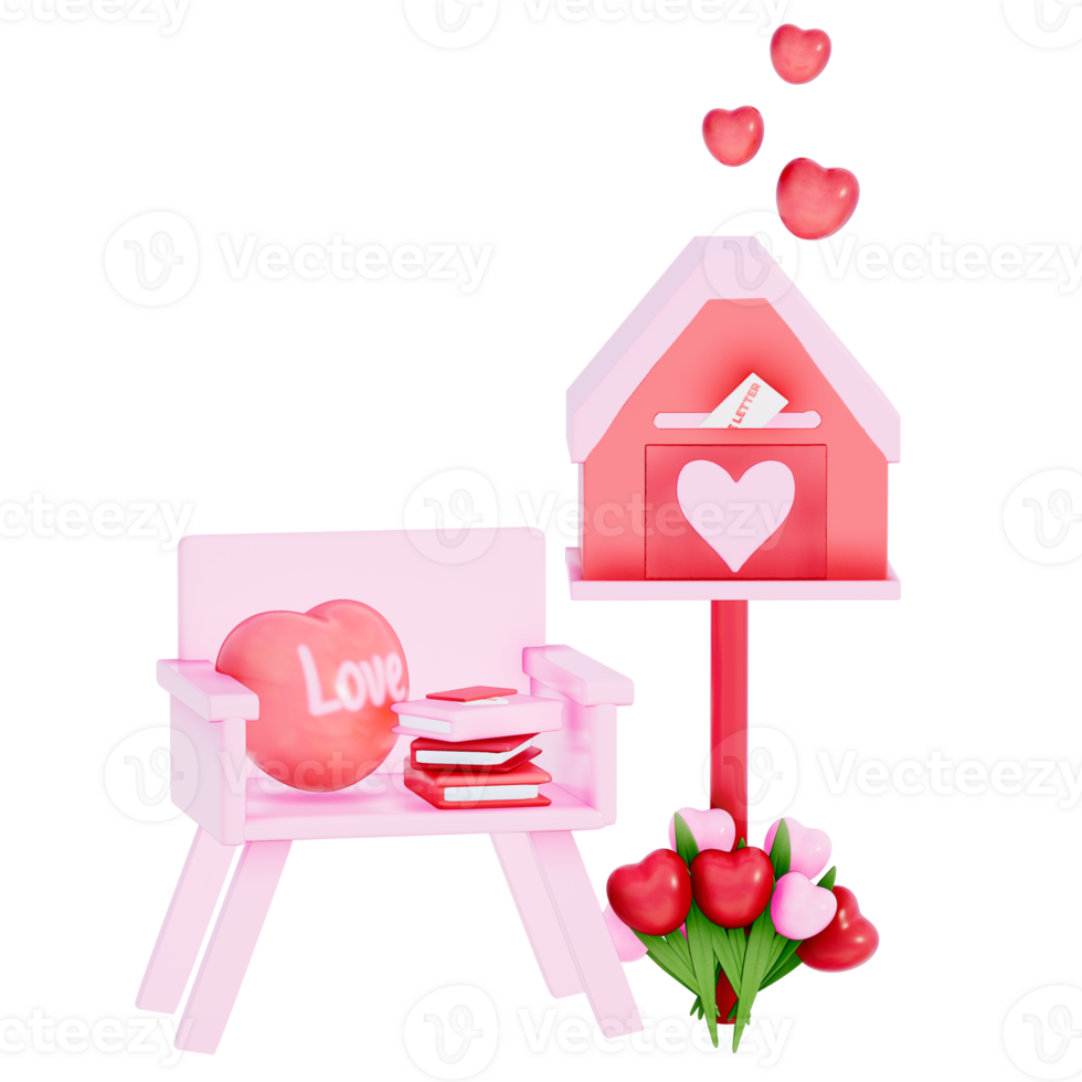 Valentine mailbox with a small chair and a stack of love-themed books on a transparent background, 3D rendering png