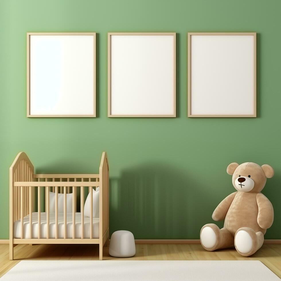 AI generated Collection of Nursery Room Frame Mockups Ready for Displaying POD Poster Illustrations photo