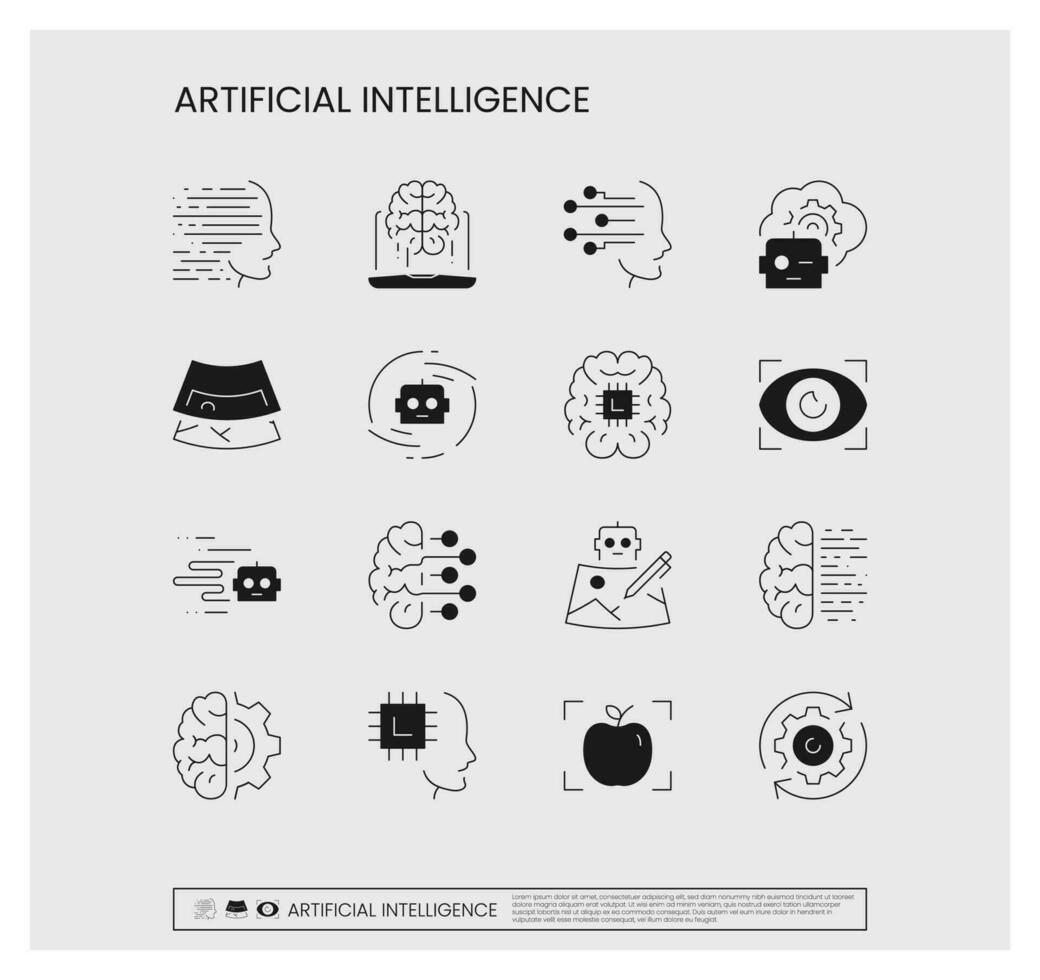 Set of artificial intelligence related icons, machine learning, smart robotic, thinking machine, humanoid robot, face recognition, ai technology possibilities and linear variety vectors. vector