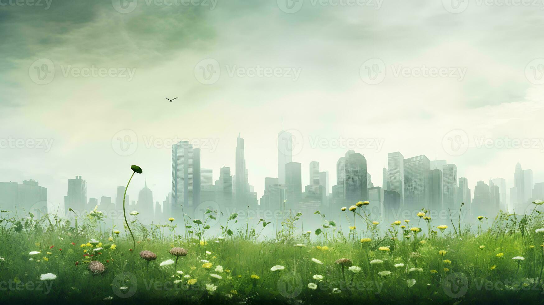 AI generated Green meadow with flowers and city in the background photo
