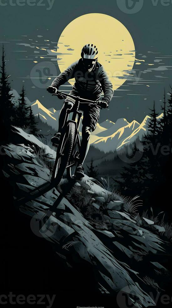 AI generated Illustration mountain bike rider in the mountains at full moon photo