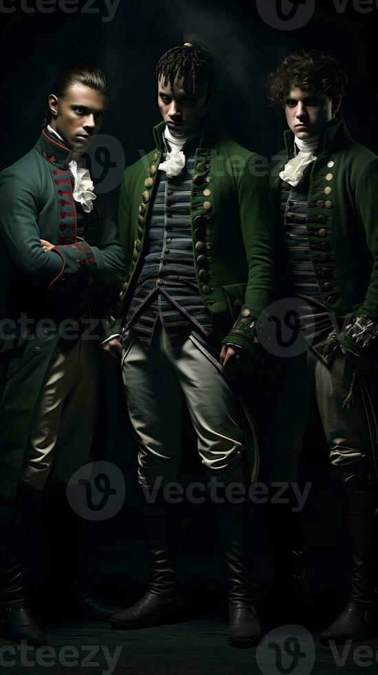 AI generated Studio shot three young men in historical costumes posing on black background photo