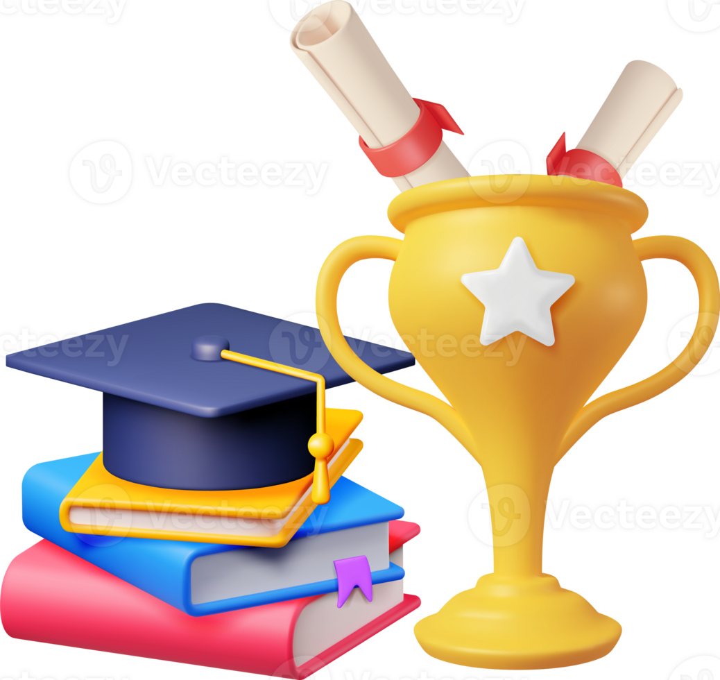 3D Gold Trophy, Books Stack and Graduation Cap png