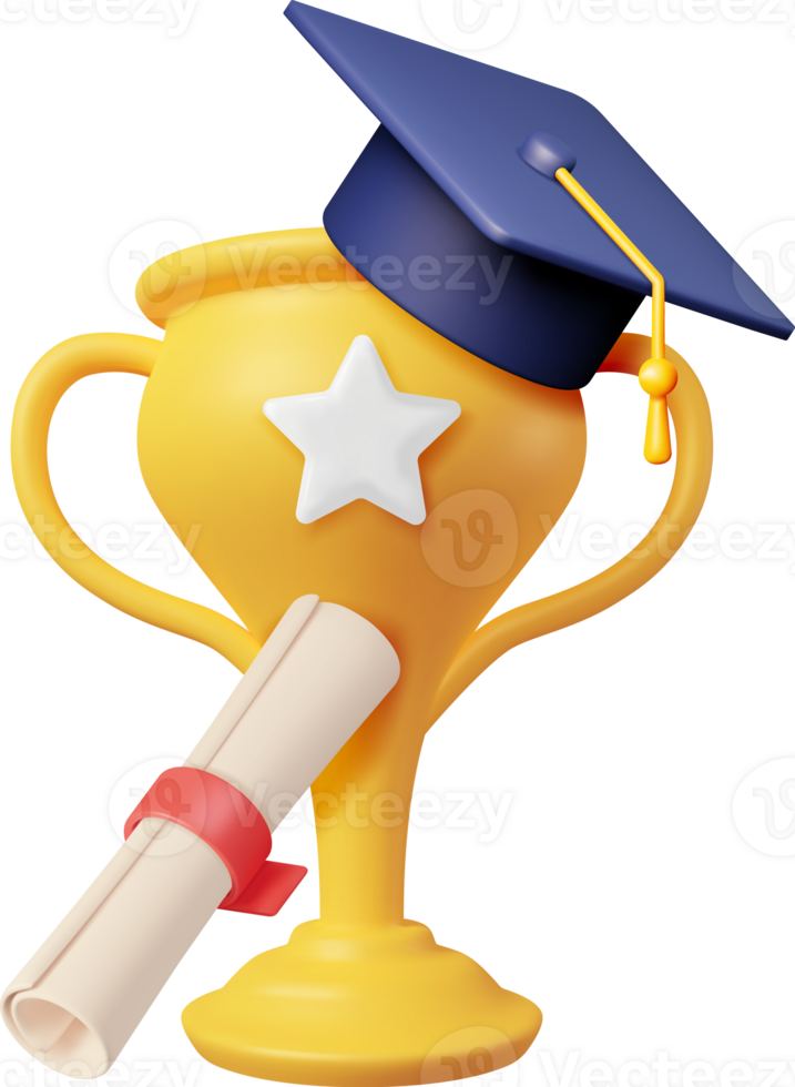 3D Gold Trophy, Diploma and Graduation Cap png