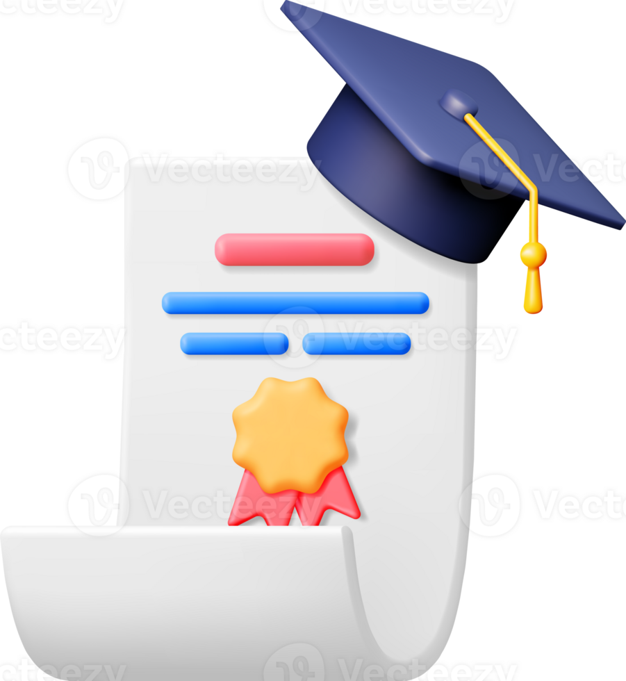 3D Certificate with Stamp and Graduation Cap png