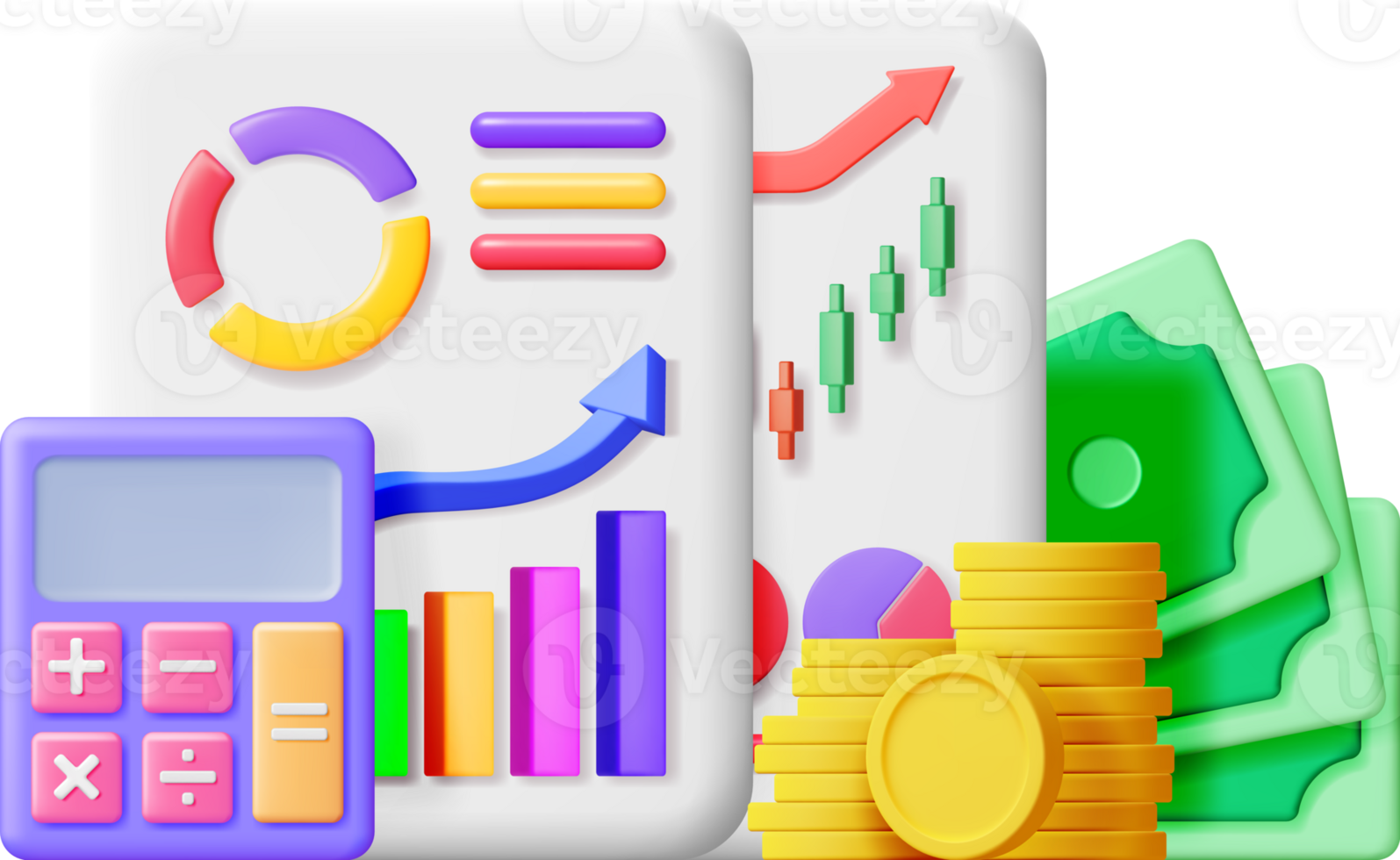 3D Financial Reports with Money and Calculator png