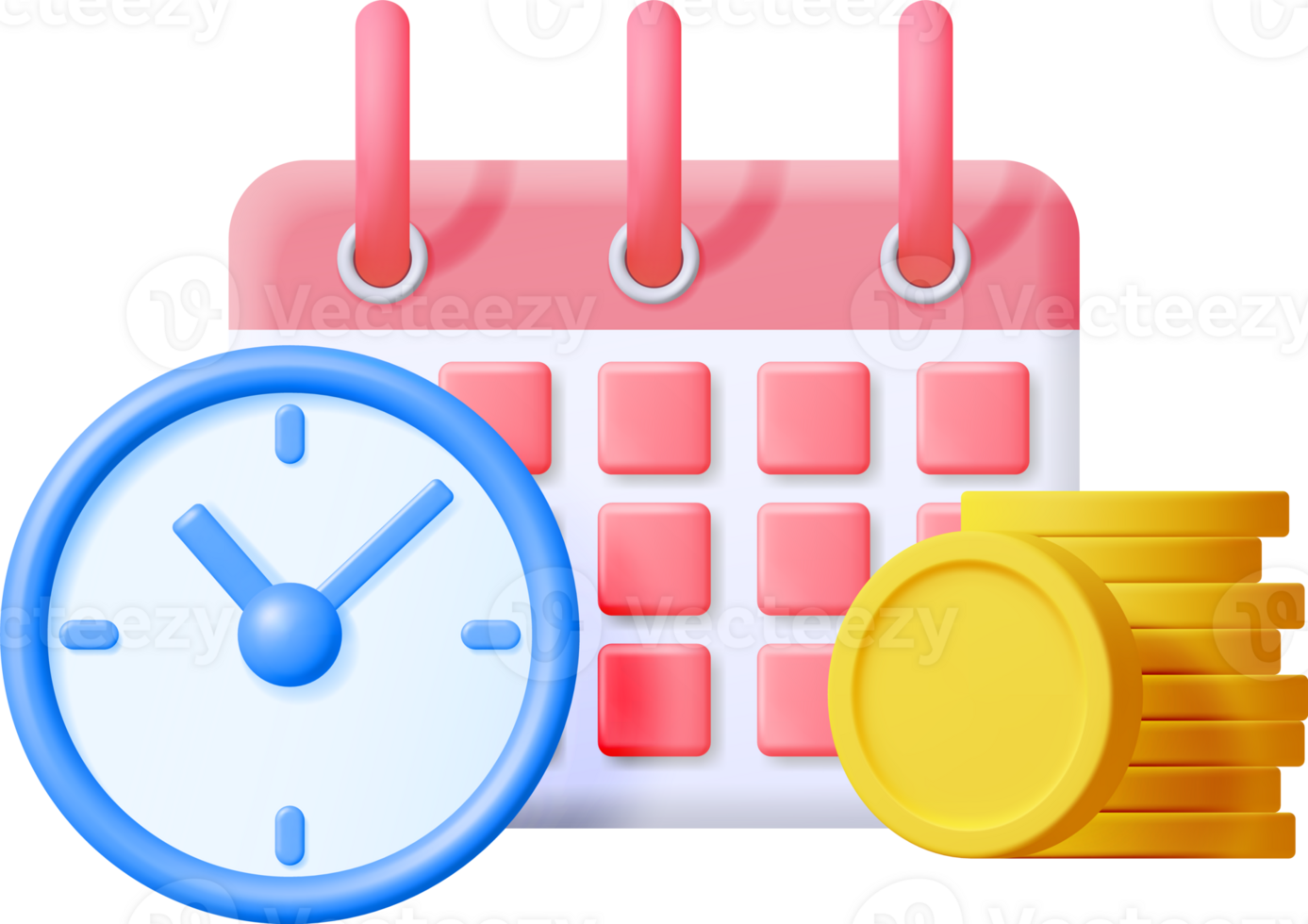 3D Clock, Calendar and Golden Coins png