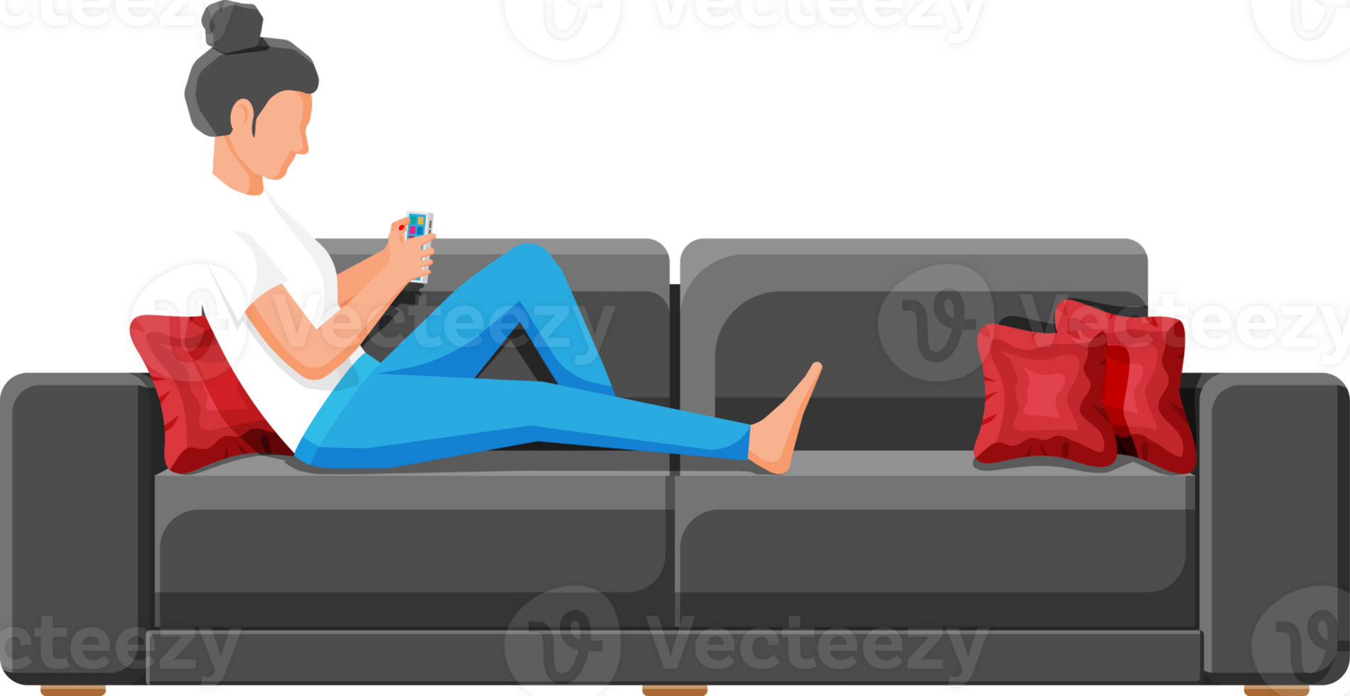 Young woman holding smartphone, lying on sofa. png