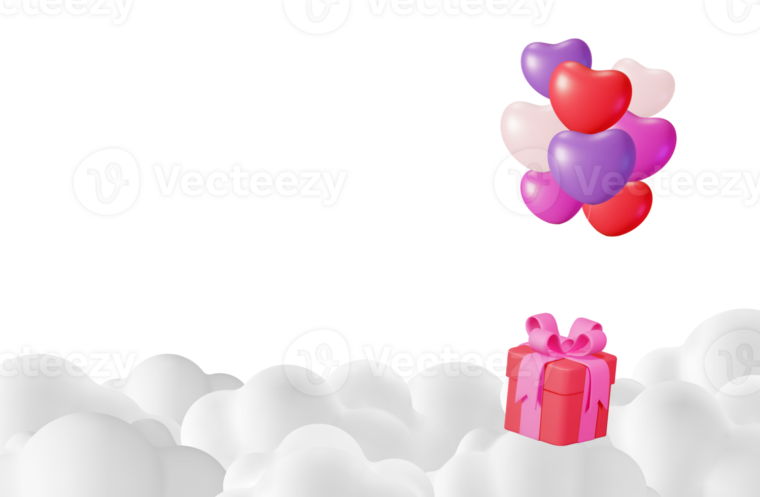 3D Gift Box with Heart Balloons in Clouds png