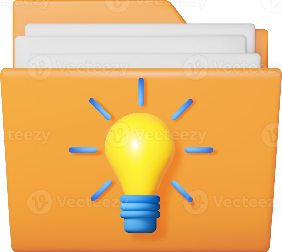 3D Business Folder full of Papers and Idea Bulb png