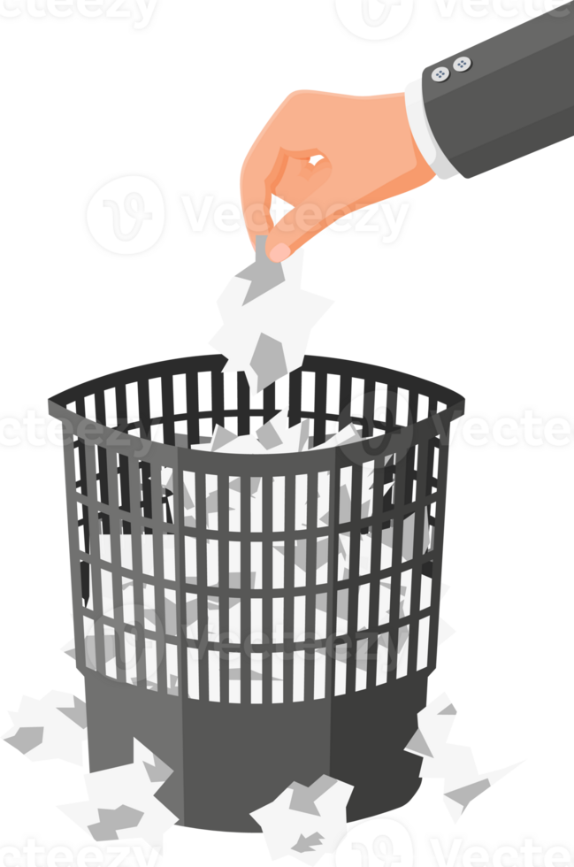 Trash Can with Crumpled Paper Inside and Around. png