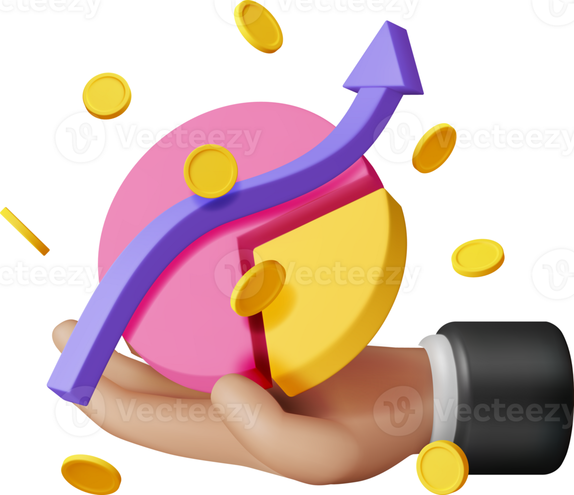 3d tarta diagrama con dorado monedas en mano png