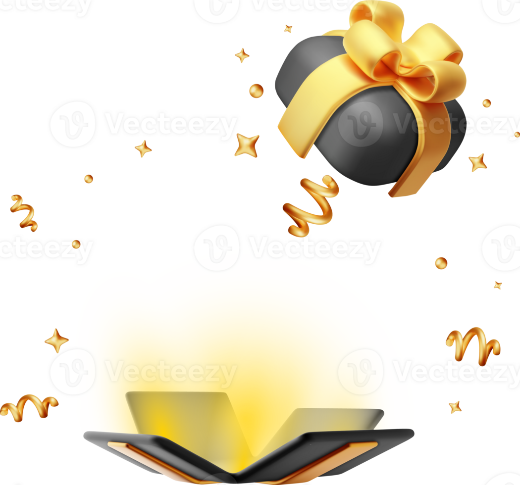 3D Open Gift Box with Golden Confetti. png