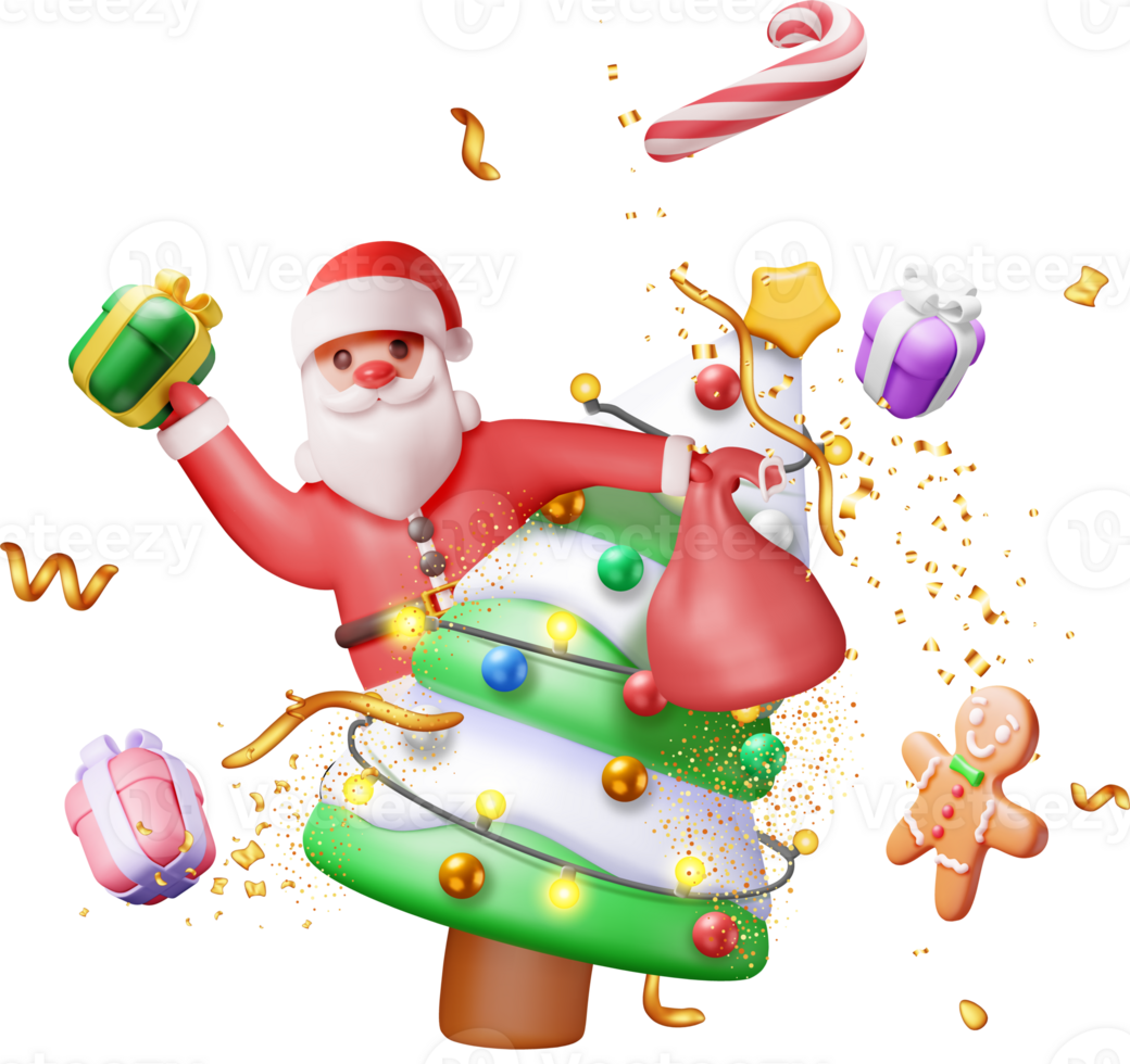 3d de kerstman claus met geschenk zak en Kerstmis boom png