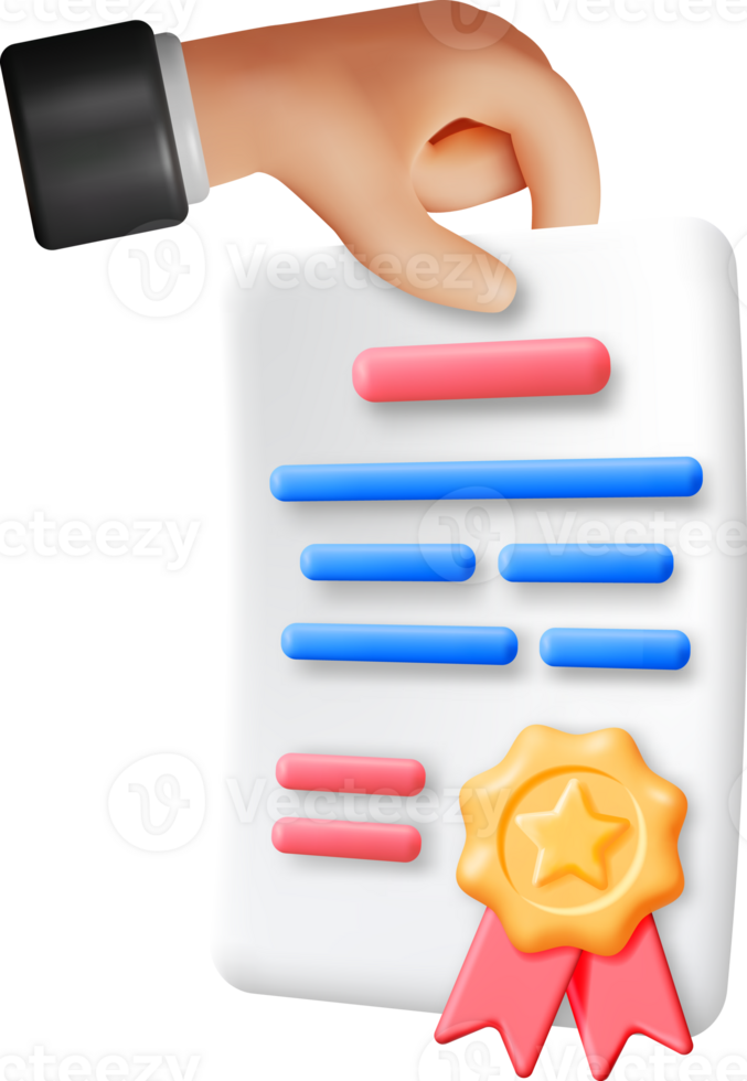 3d certificado icono con sello y cinta en mano png