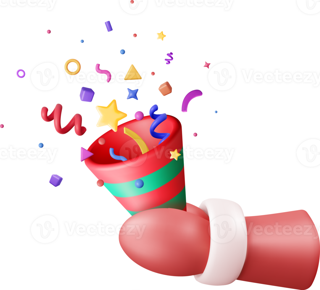 3D Party Popper with Confetti in Santa Claus Hand png