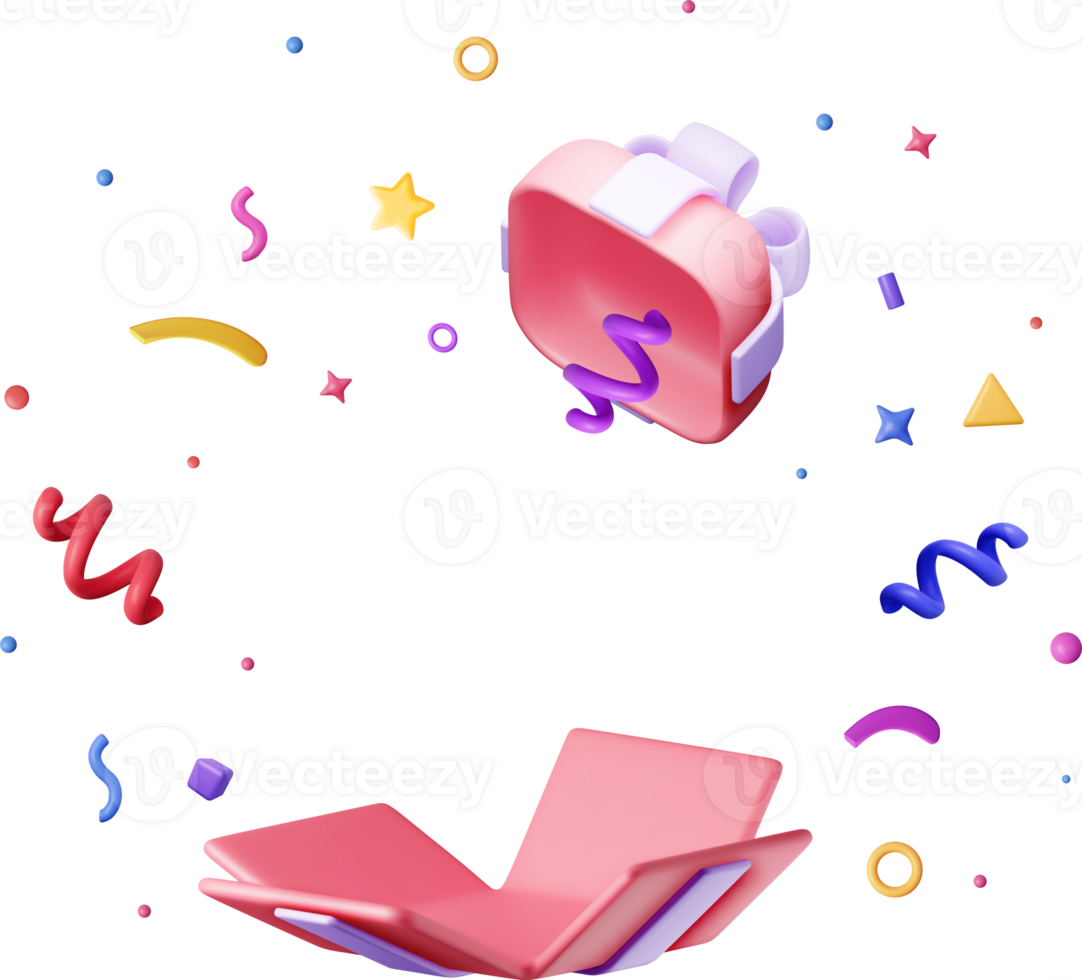 3D Open Gift Box With Falling Confetti. png