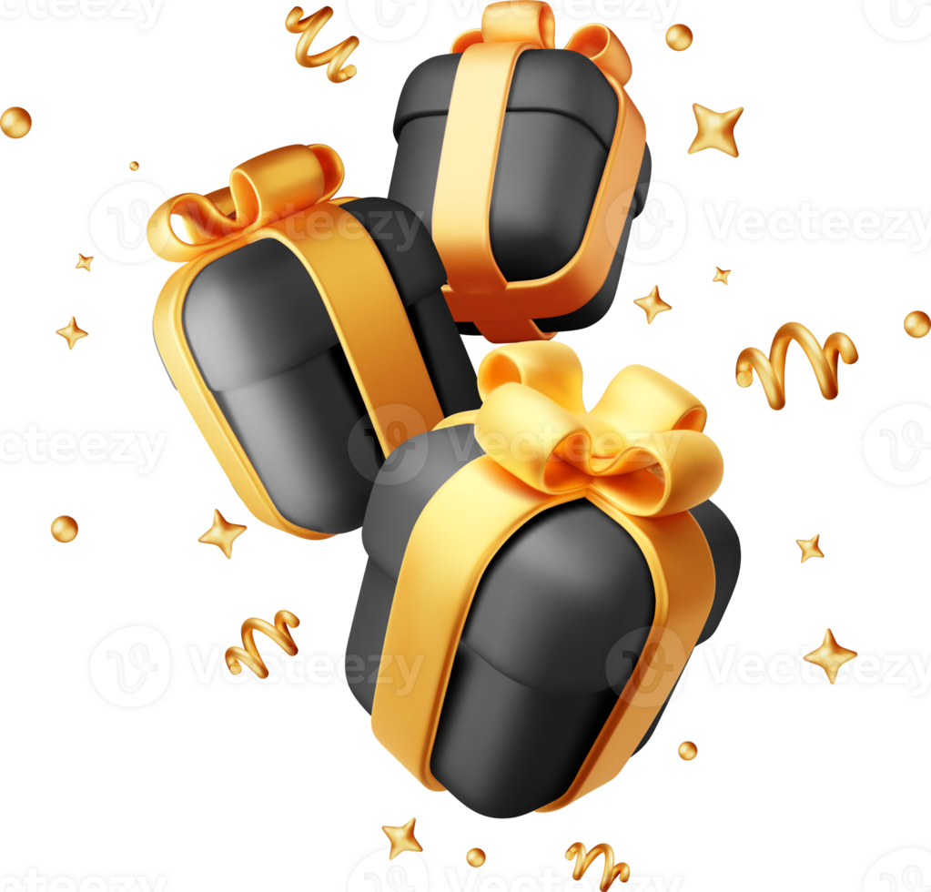 3d zwart geschenk dozen met goud boog en confetti. png