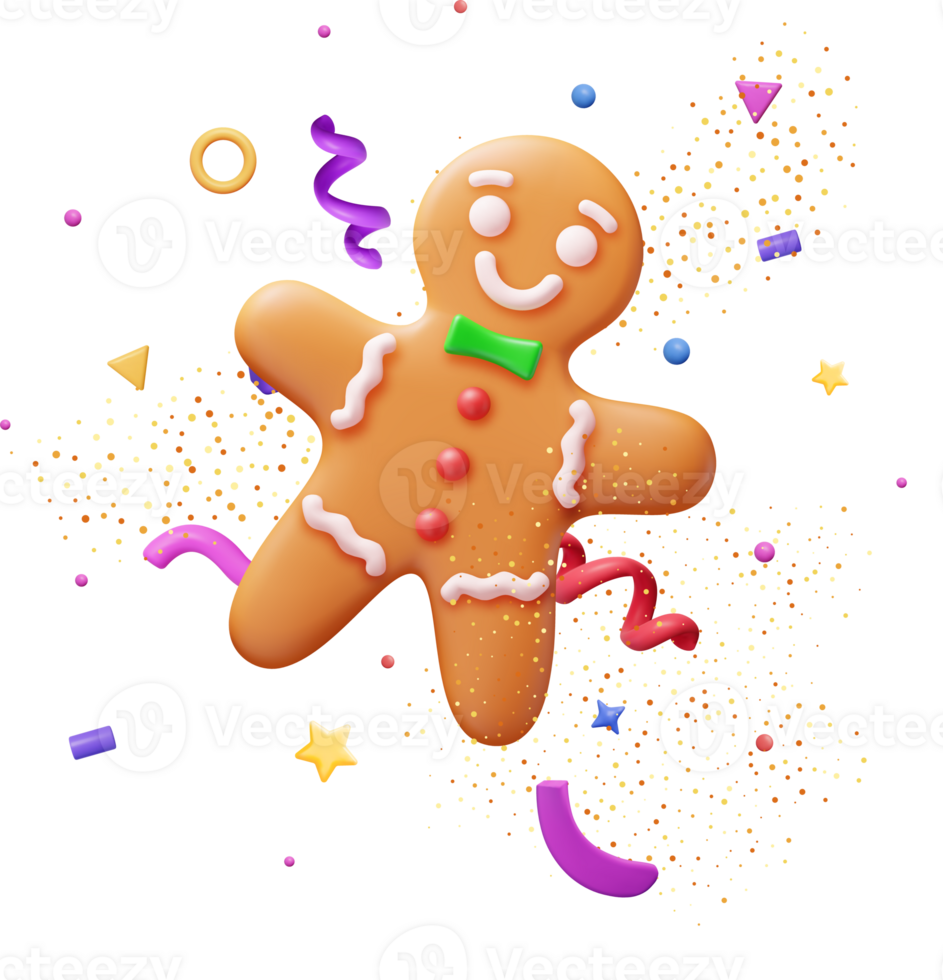 3D Holiday Gingerbread Man Cookie and Confetti. png