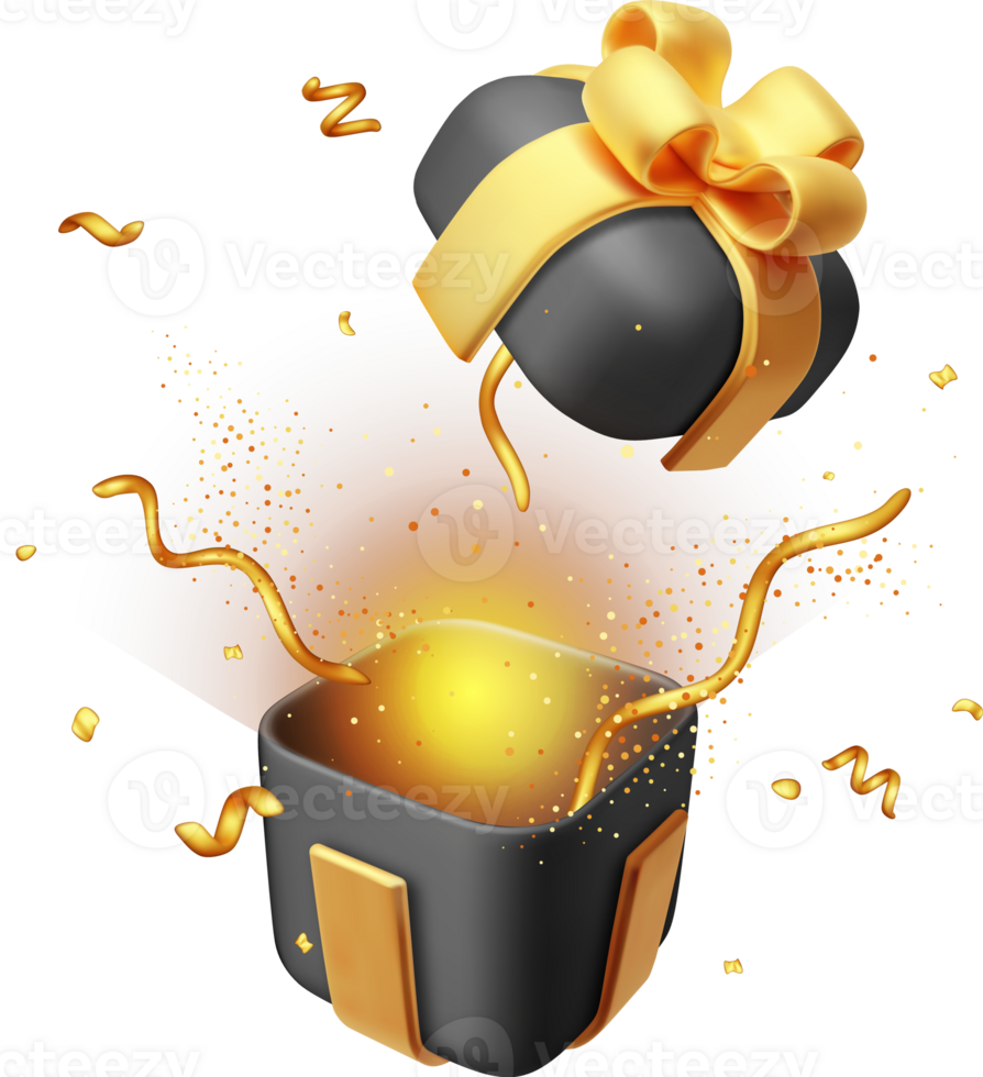 3d Open geschenk doos met gouden confetti. png