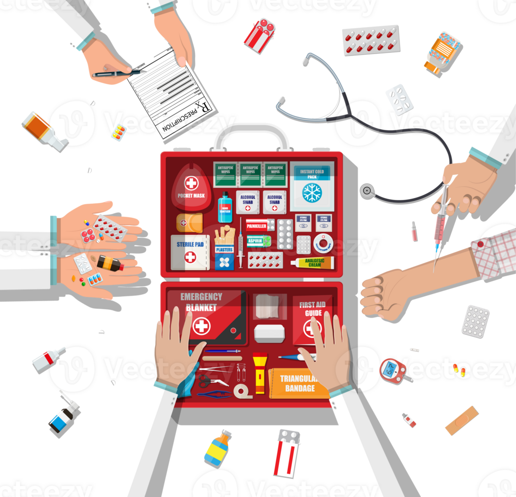 First aid kit with medical equipment png