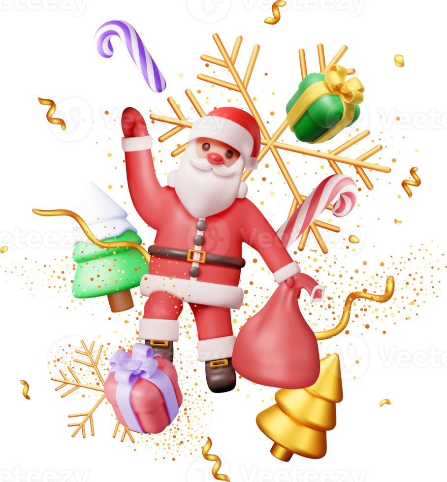 3d santa claus med gåva väska och jul träd png