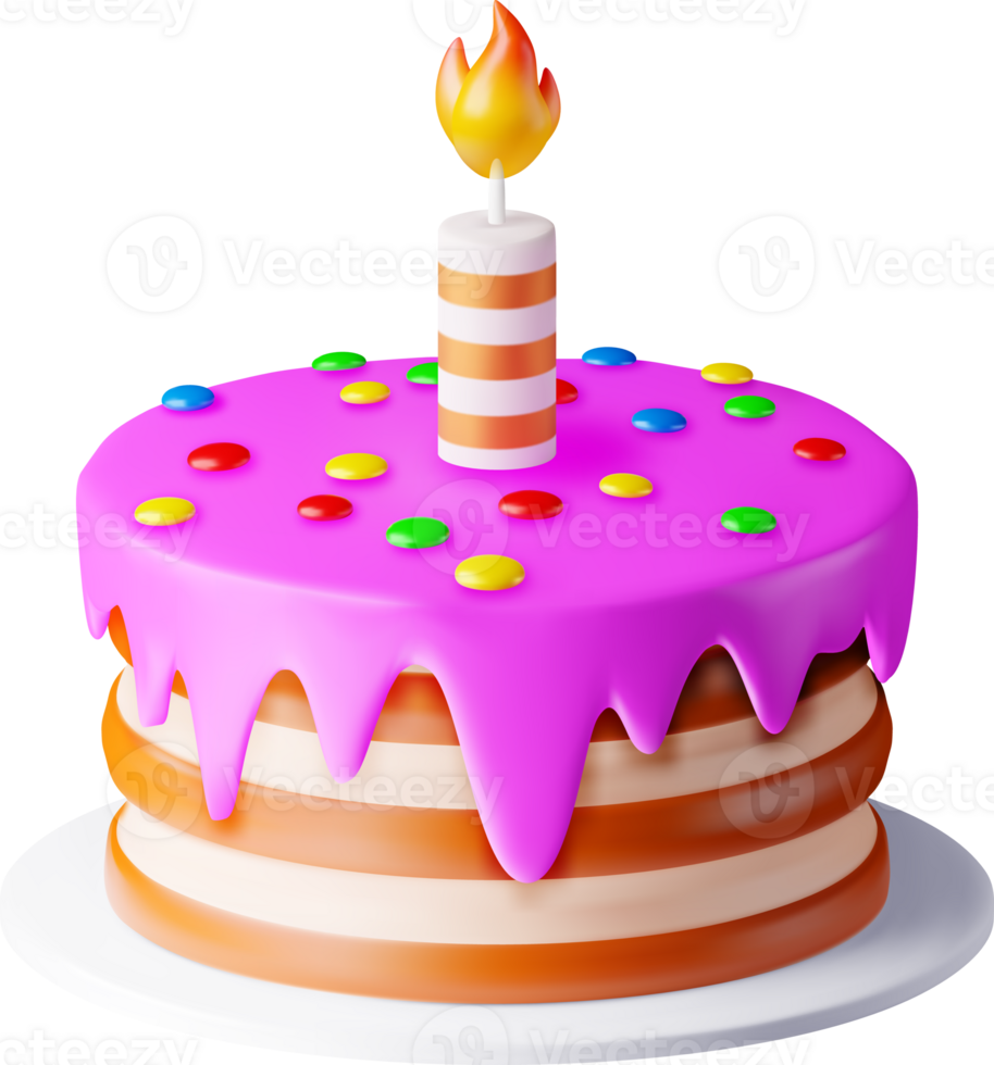 3D Cake with One Burning Candle png