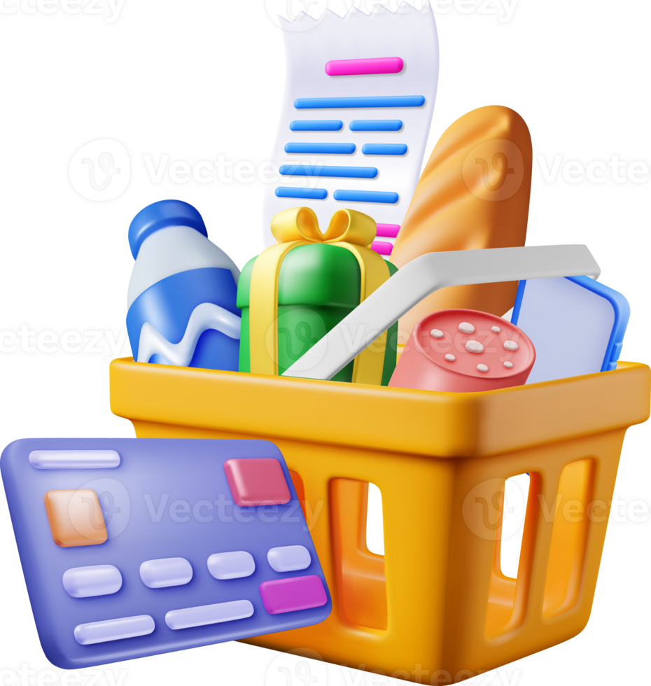 3D Shopping Basket with Bank Card and Receipt png