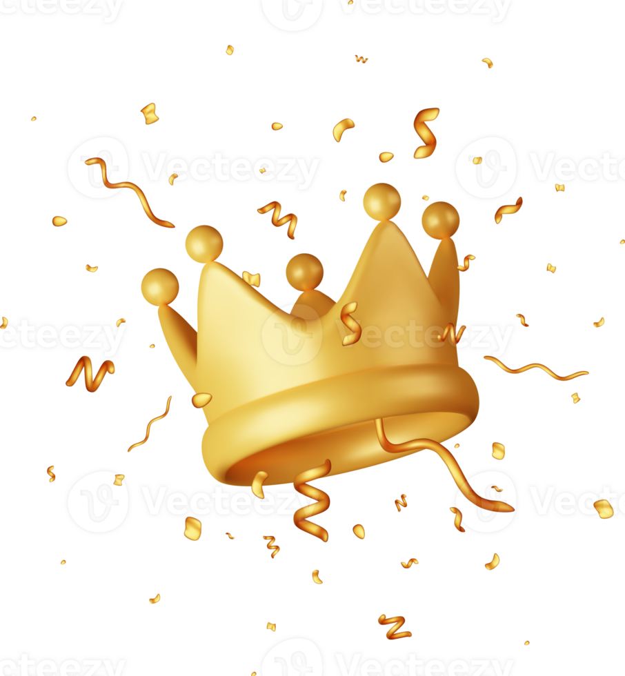 3D Gold Crown Icon and Confetti. png