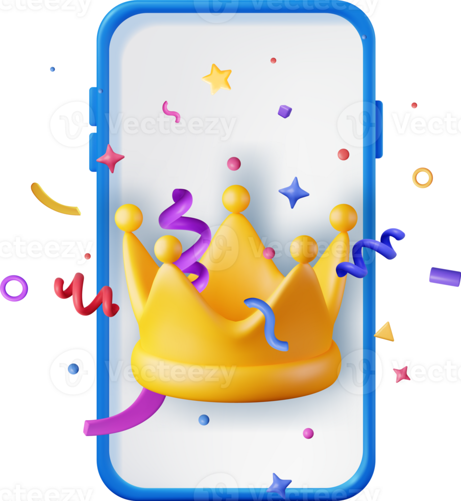 3D Gold Crown Icon and Confetti in Smartphone png