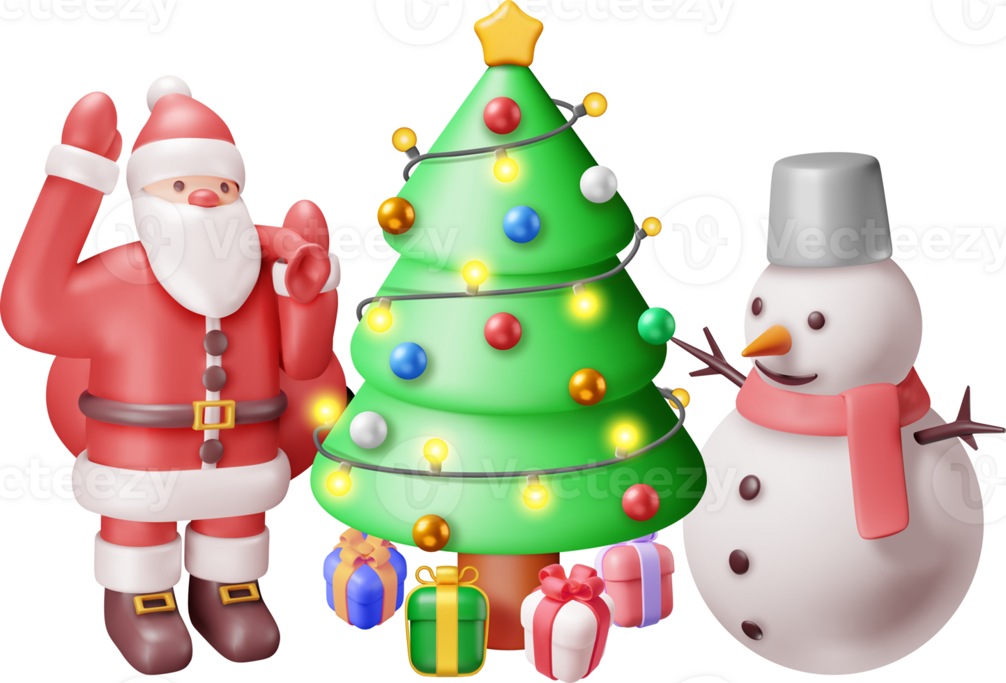 3D Santa Claus with Gift Bag and Christmas Tree png