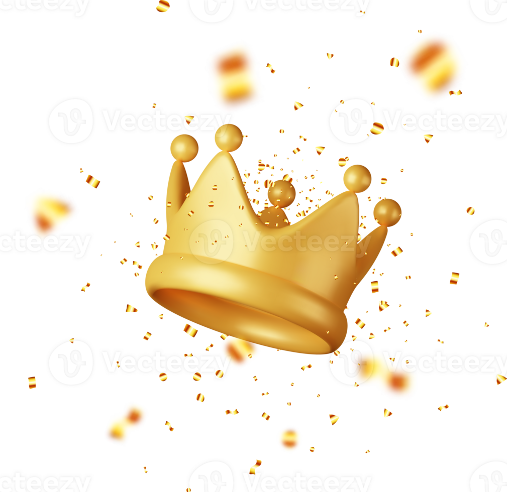 3D Gold Crown Icon and Confetti. png