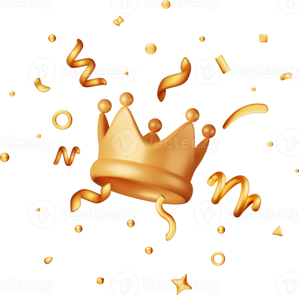 3D Gold Crown Icon and Confetti. png