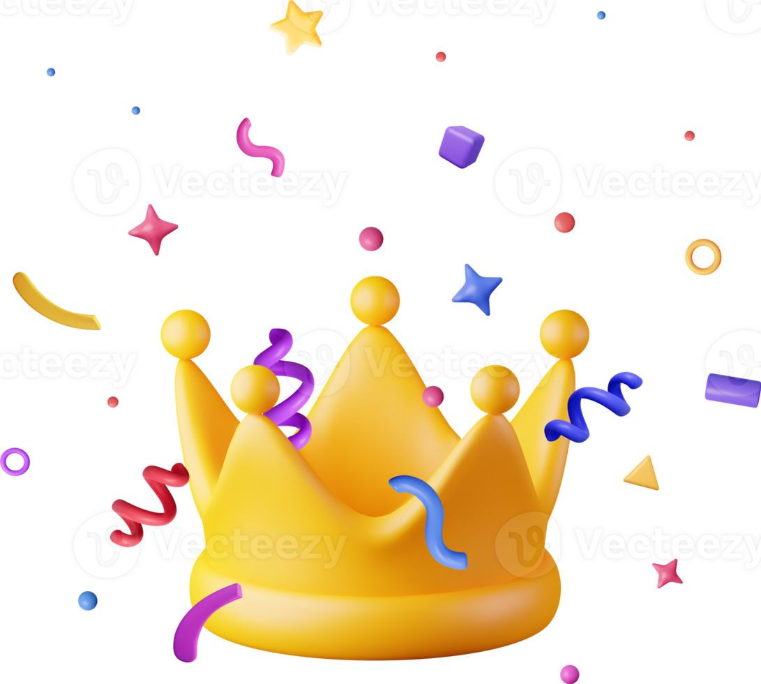 3D Gold Crown Icon and Confetti. png