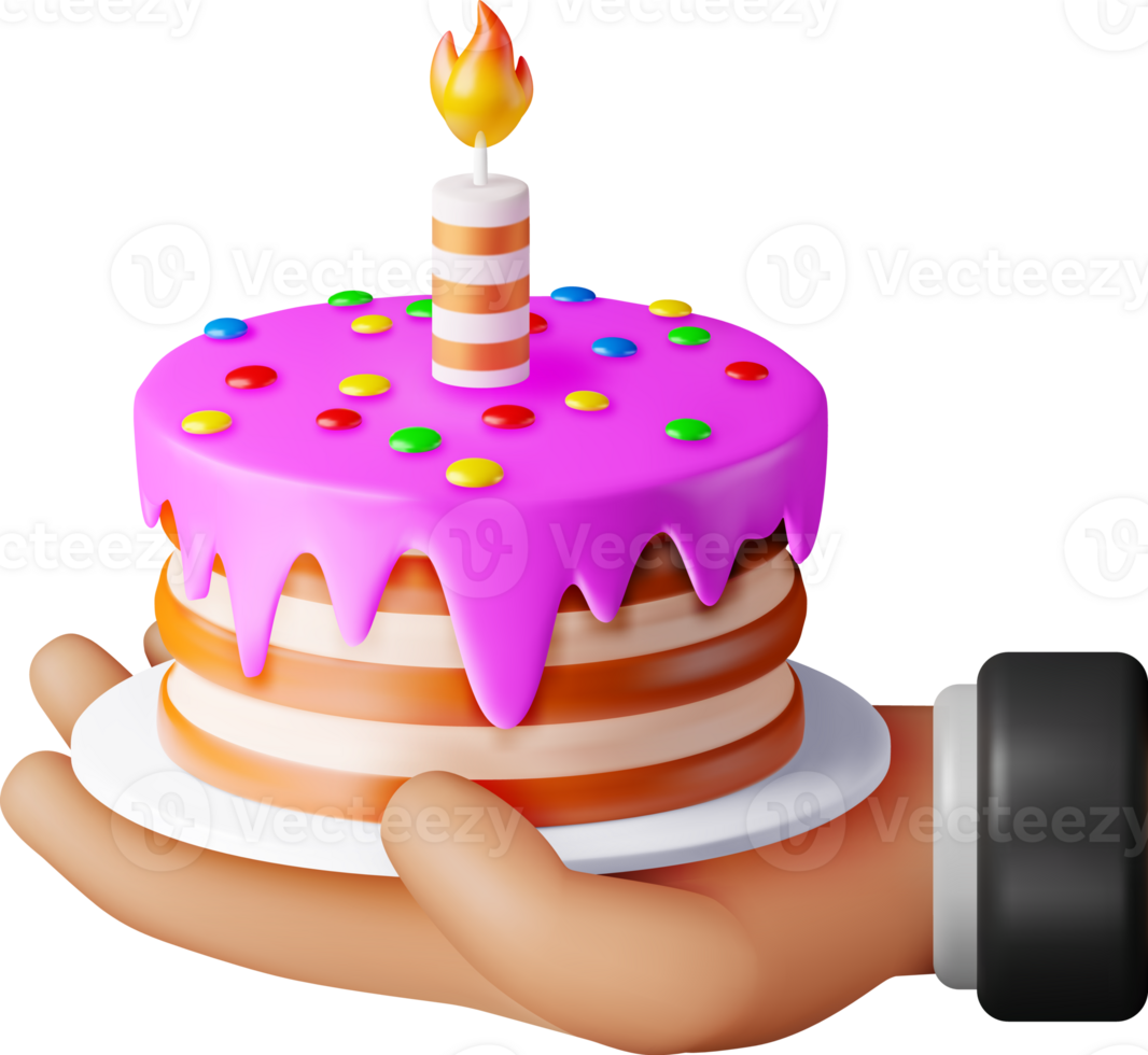 3D Cake with One Burning Candle in Hand png