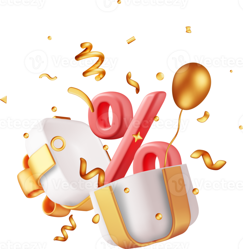 3D Gift Box with Percentage Symbol and Confetti png