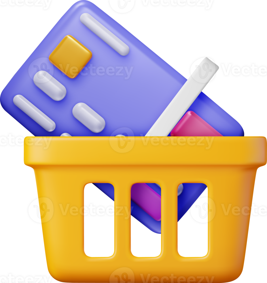 3D Orange Plastic Shopping Basket with Bank Card png