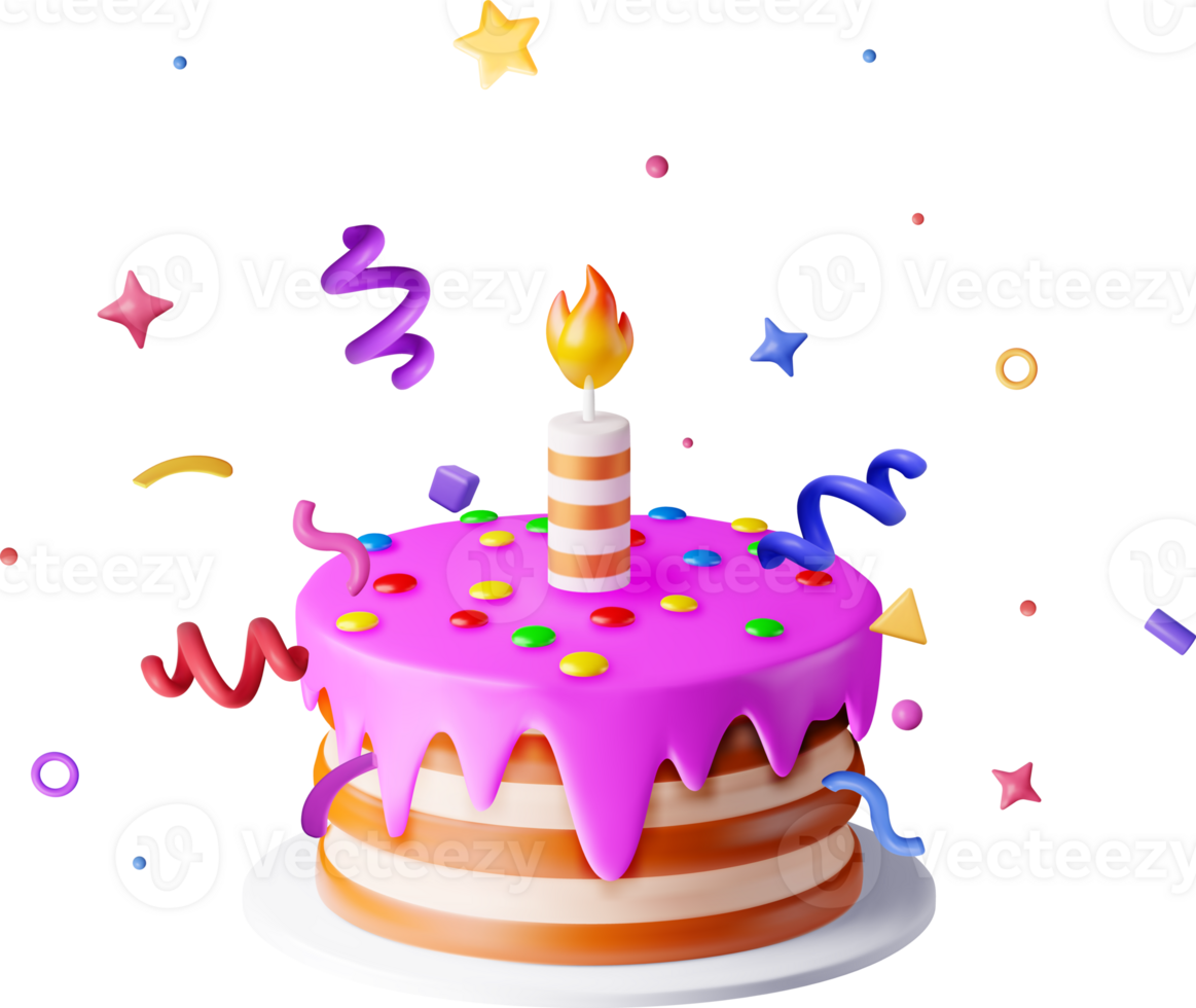 3D Cake with Candle and Confetti png