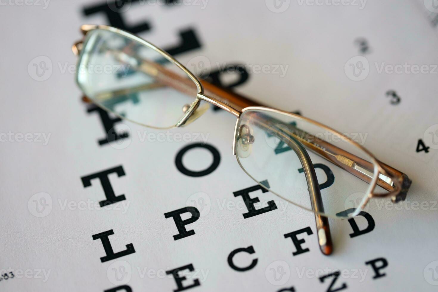 spotted eyeglasses on eyesight test chart isolated on white. eye examination ophthalmology concept. Glasses in the eye test chart on a white background photo