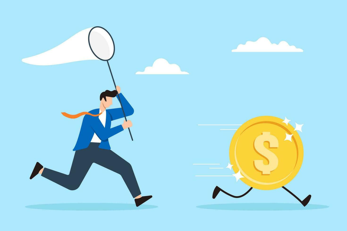 Businessman trying to catch high performance dollar coin in flat design vector