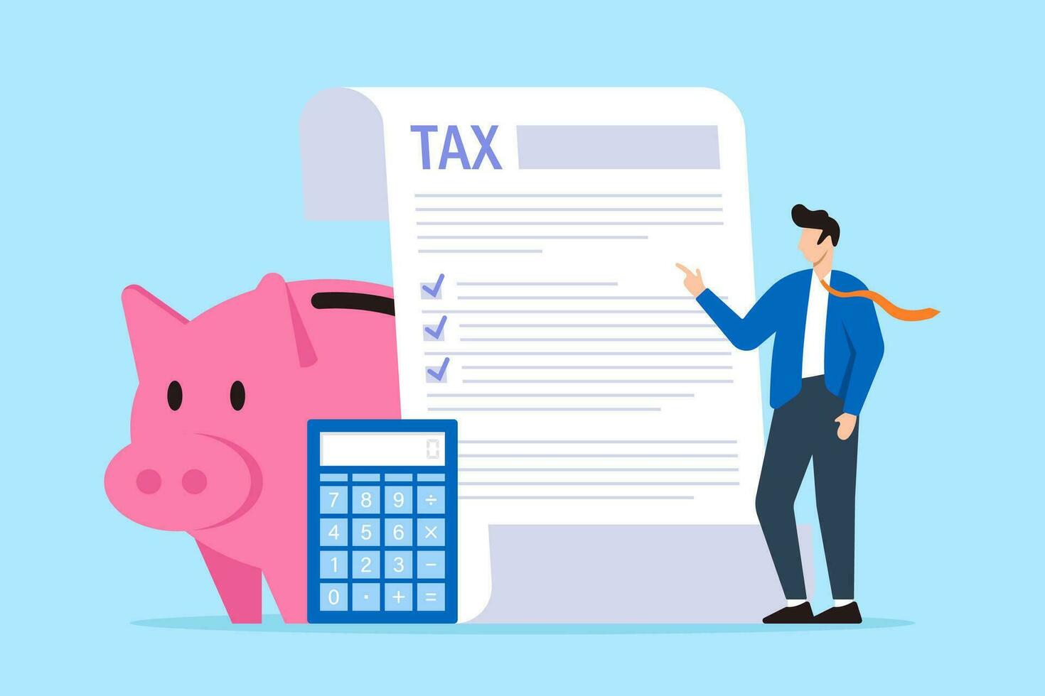 Businessman standing next to calculator, piggy bank and completed tax form in flat design vector