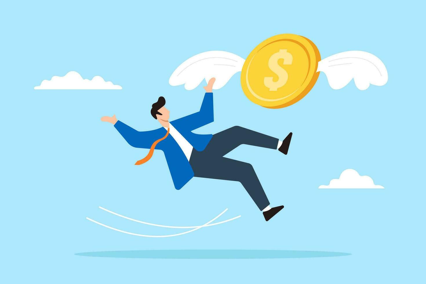 Clumsy businessman slipped and losing dollar coins in flat design vector