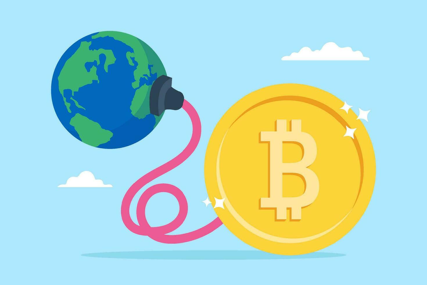 Bitcoin power plug absorbing energy from earth in flat design vector