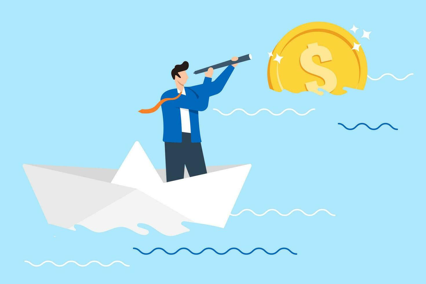 Businessman riding paper boat spotting distant gold coin with telescope in flat design vector